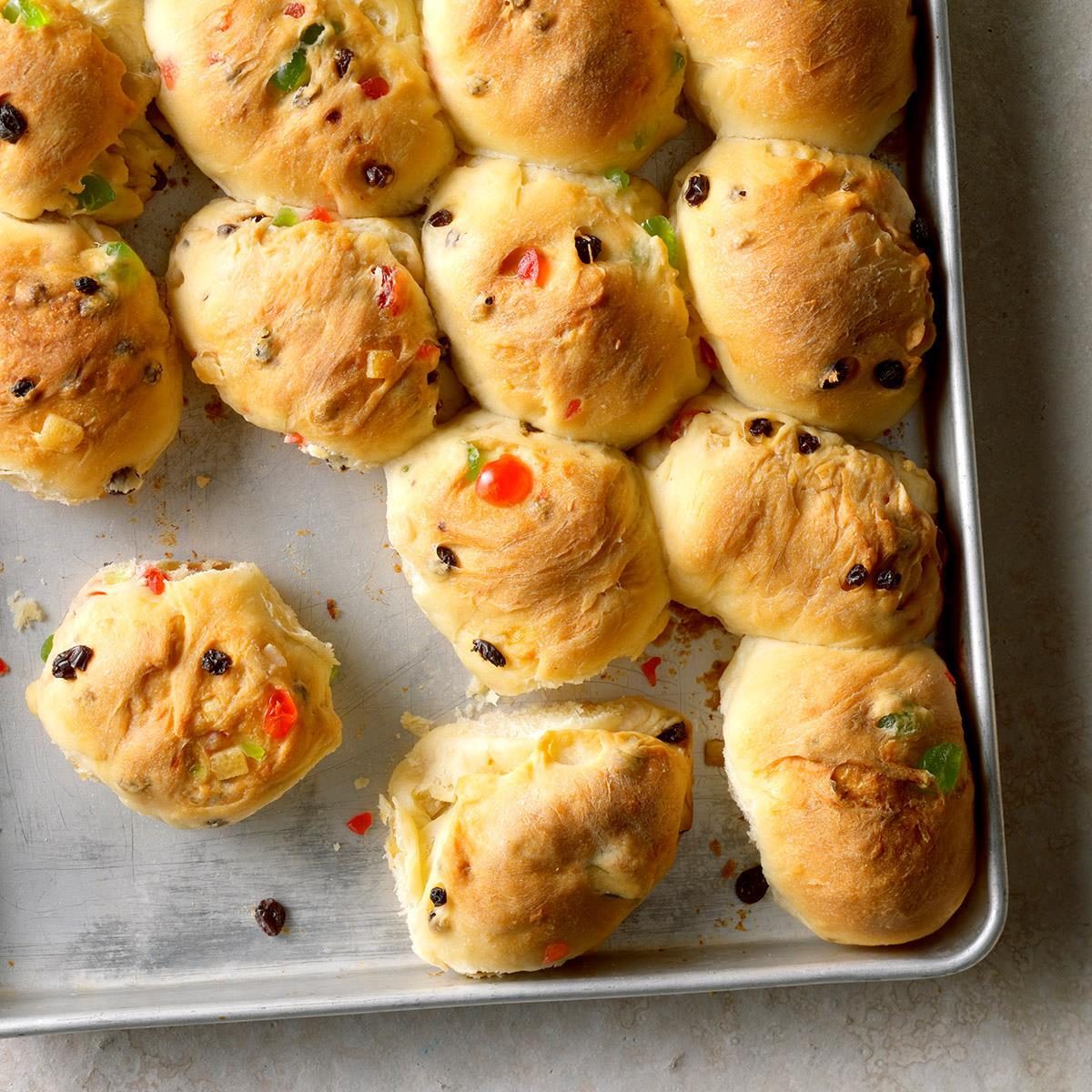 A pan of just-baked stollen butter rolls