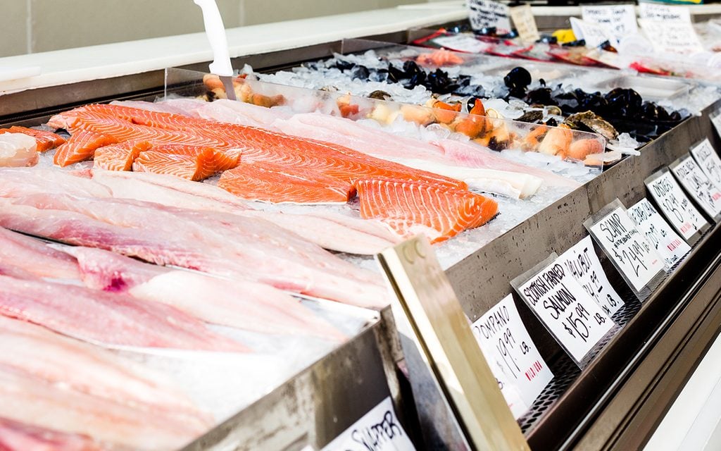 Fresh local seafood like salmon, pompano and oysters over ice on display with metal casing creating visual rhythm.