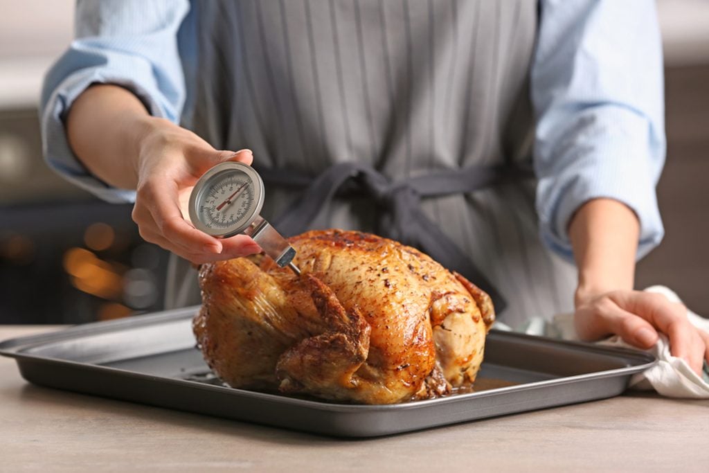 Young woman measuring temperature of whole roasted turkey with meat thermometer; Shutterstock ID 700552579; Job (TFH, TOH, RD, BNB, CWM, CM): TOH