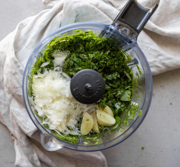 how to make pesto Blend in the next three ingredients