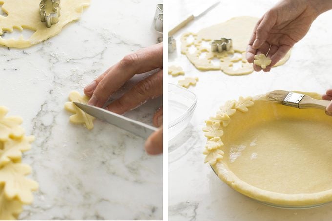 Method for how to decorate pie crust. Image of baker scoring leaf cut-outs.