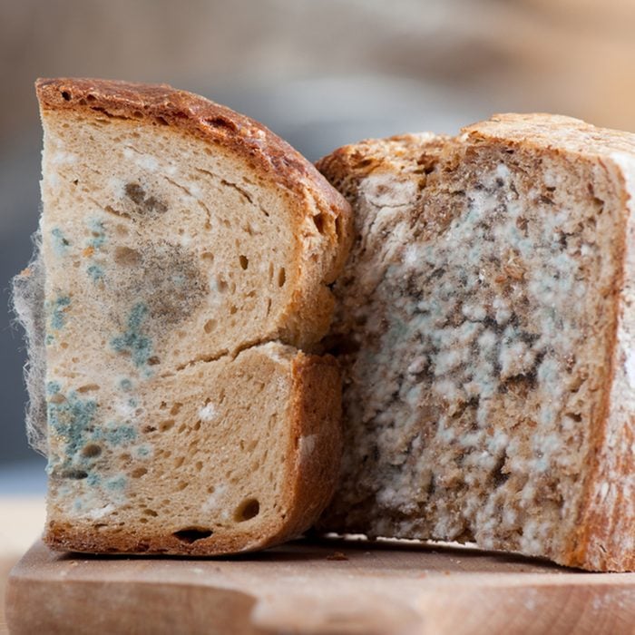 Two moldy bread portions, slices of food with toxic mold or mould with plenty colored spores lying on wooden board with blurred background. Nobody, horizontal orientation.; Shutterstock ID 159728873; Job (TFH, TOH, RD, BNB, CWM, CM): TOH