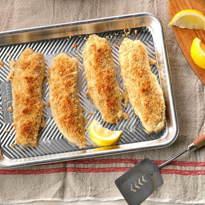 Crusted fish on a baking sheet