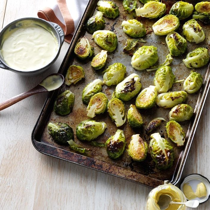 Garlic-Roasted Brussels Sprouts with Mustard Sauce