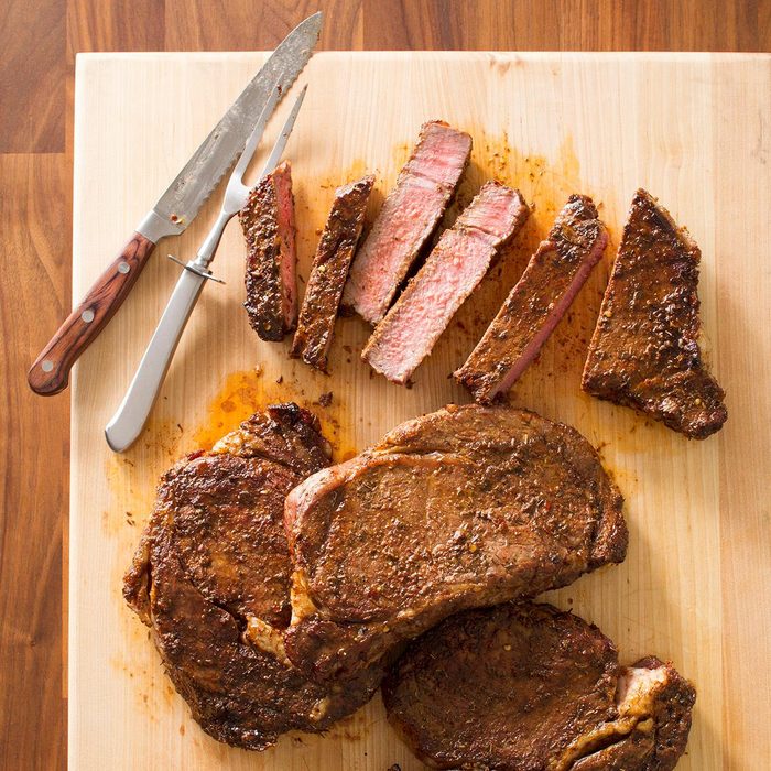 Peppered ribeye steaks