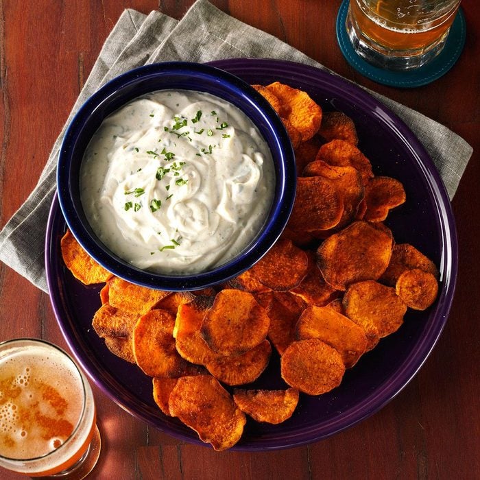 Spicy Sweet Potato Chips & Cilantro Dip