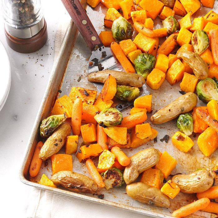 Roasted veggies on a baking sheet