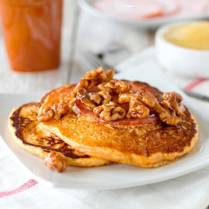 Canadian bacon spiked sweet potato pancakes