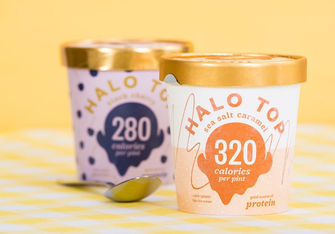 Pint of Halo Top, high-protein, low-sugar and low-calorie Ice Cream in sea salt caramel flavor. The diet-friendly Halo Top Creamery ice cream was launched in 2012.