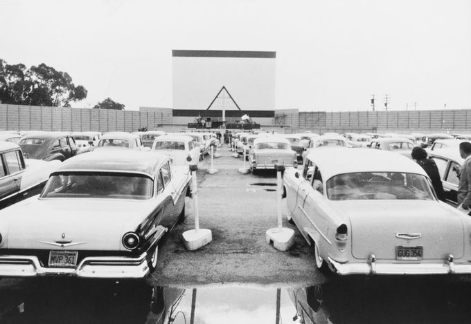 Drive-in movie theater in black and white