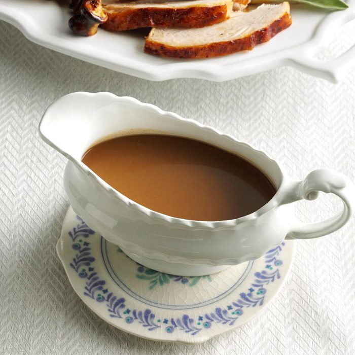 A gravy boat with make-ahead maple sage gravy