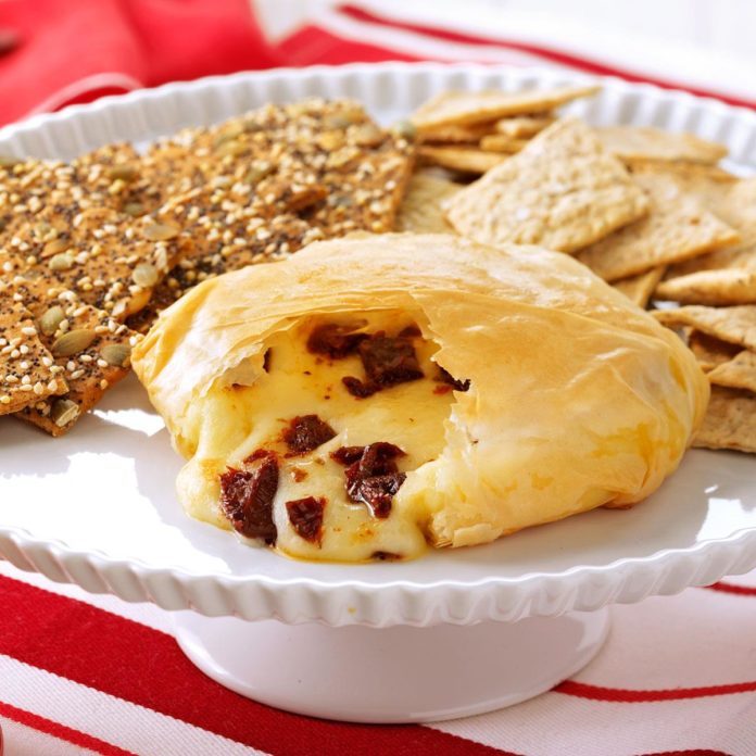 phyllo-wrapped brie with sun-dried tomatoes