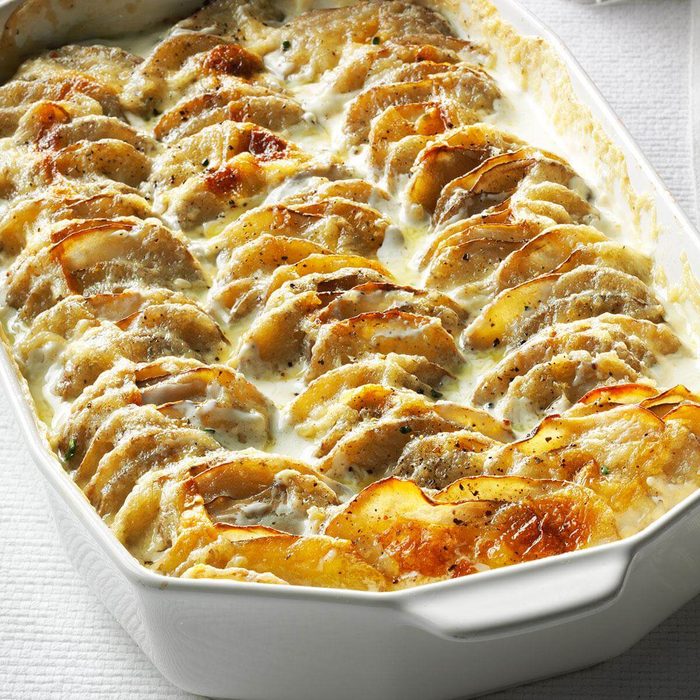 A casserole filled with Easy Scalloped Potatoes