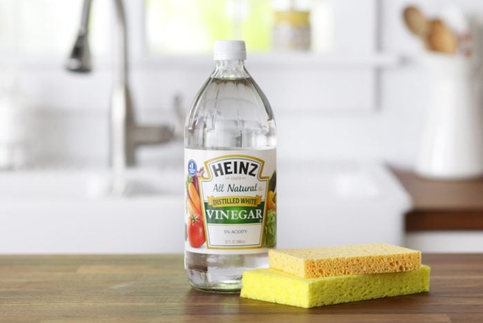 Bottle of vinegar and two sponges on a kitchen countertop