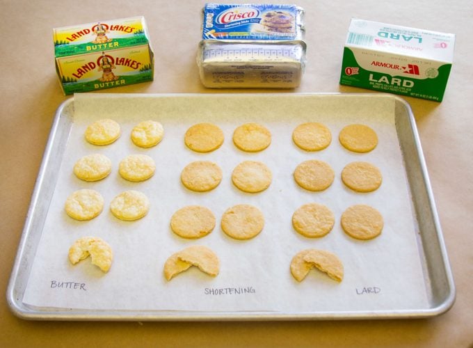 Pie crust taste test between butter, lard and shortening - key ingredients shown behind a tray of pie crust pieces in the shape of cookies