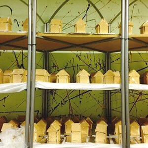 Shelves filled with gingerbread houses