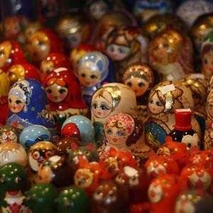 Crowd of painted wooden figures