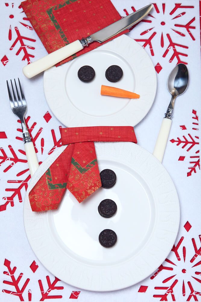Festive table setting for christmas with snowman
