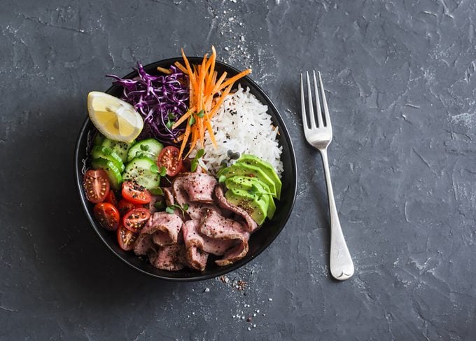 Beef steak, rice and vegetable power bowl. 