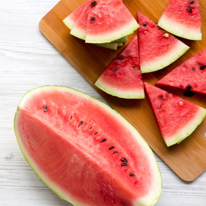 Slices of fresh watermelon on bamboo board, from above. Top view. Copy space.; Shutterstock ID 1129654364; Job (TFH, TOH, RD, BNB, CWM, CM): Taste of Home