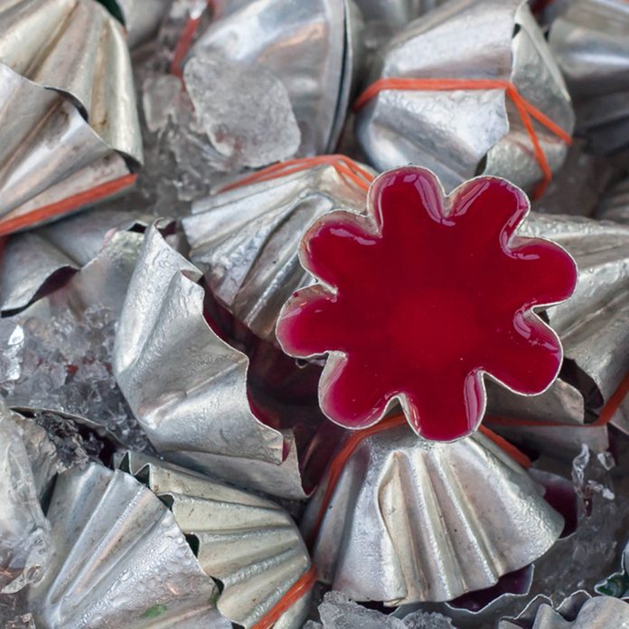 red agar jelly in aluminium flower mold; Shutterstock ID 367333541
