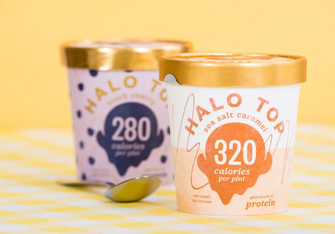 Pint of Halo Top, high-protein, low-sugar and low-calorie Ice Cream in sea salt caramel flavor. 