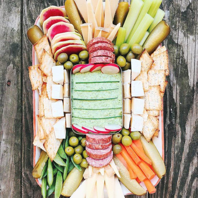 super bowl snack tray on wooden table