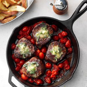 Basil-Butter Steaks with Roasted Potatoes