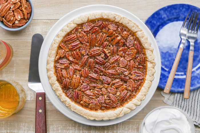 A fully prepared Bourbon Pecan Pie served in a plate