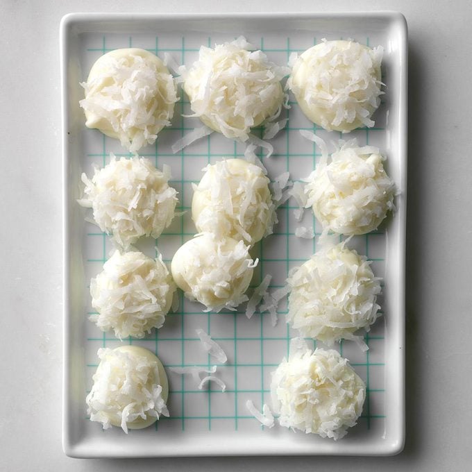 This 2-ingredient "bunny tails" recipe calls for white baking chips and shredded coconut.