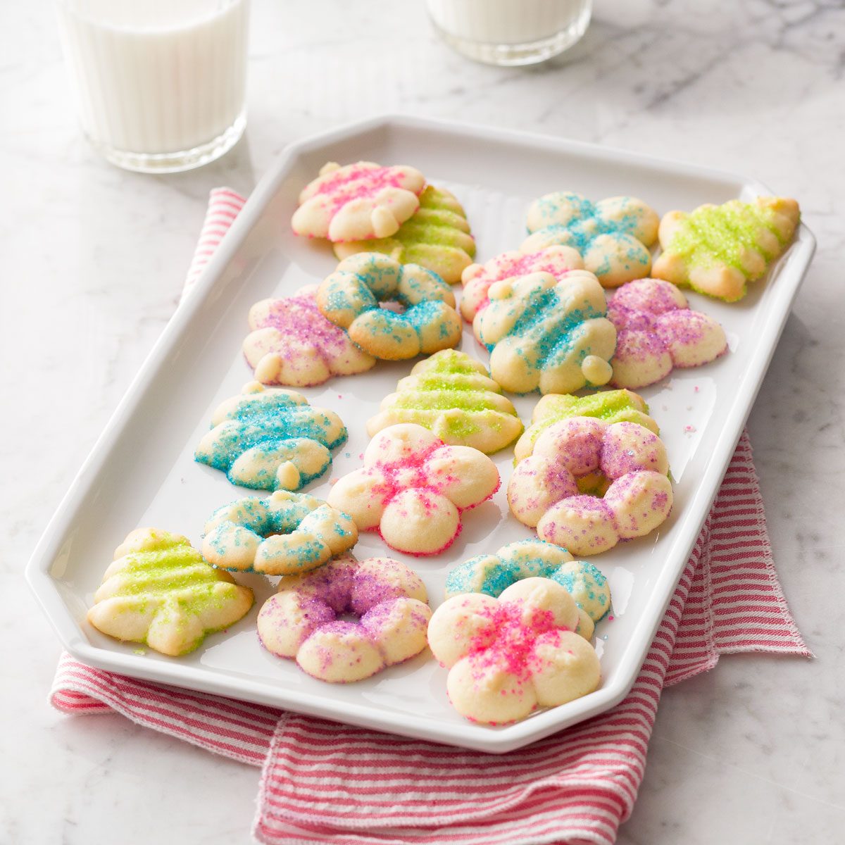 Buttery Spritz Cookies in White Tray on Marble Kitchen Top