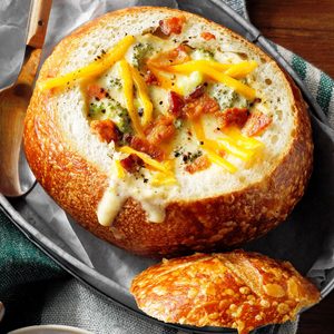 Cheesy Broccoli Soup in a Bread Bowl