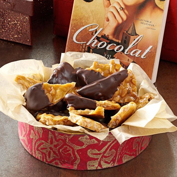 Chocolate-Dipped Lavender Pine Nut Brittle