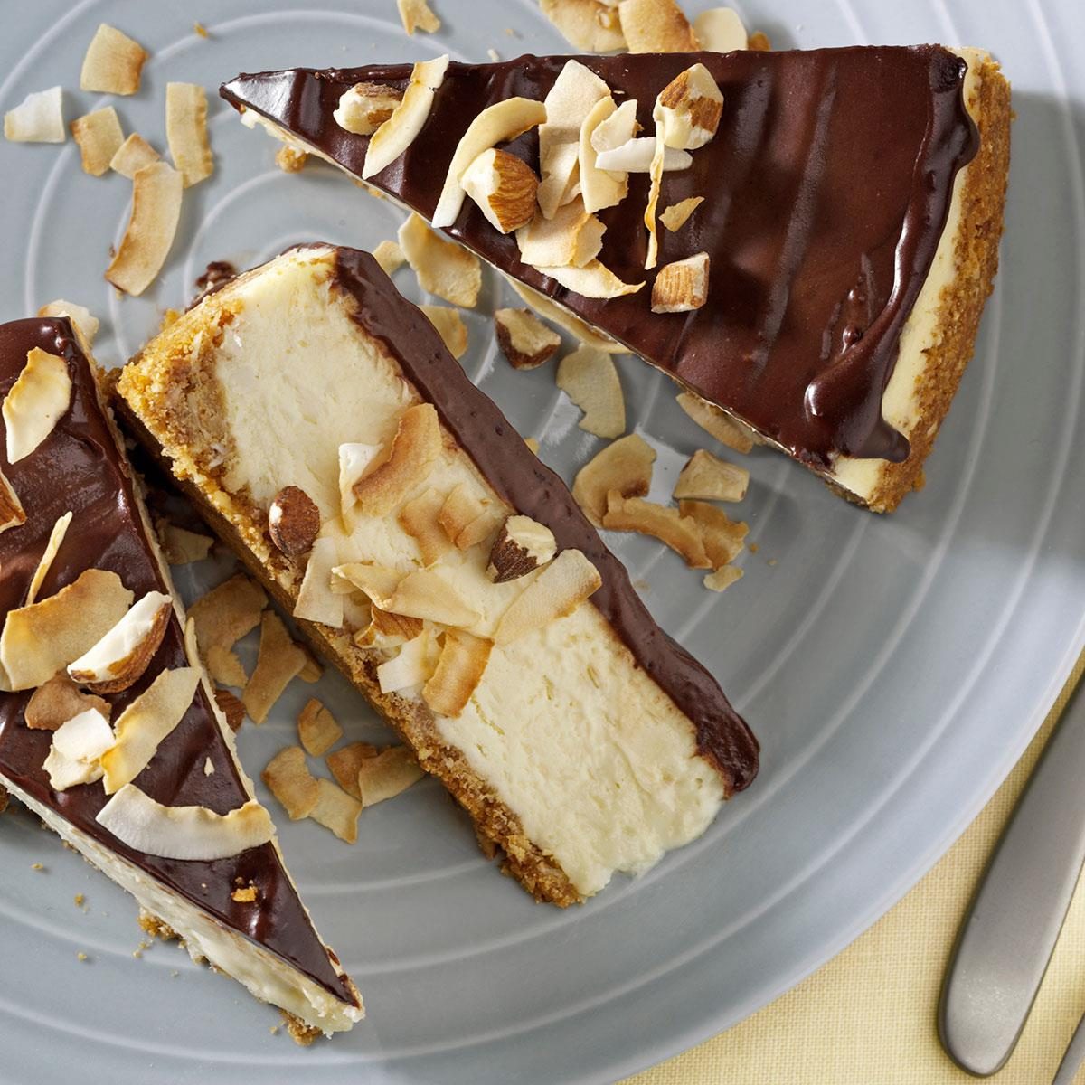 Chocolate-Glazed Coconut Almond Cheesecake Recipe | Taste ...