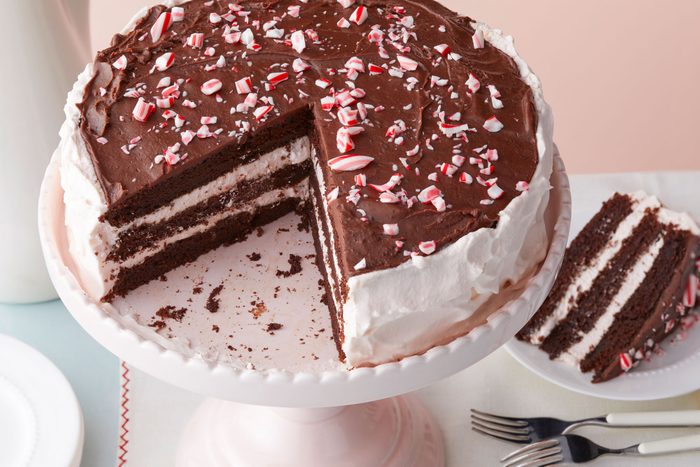 Chocolate Peppermint Cake on a Cake Stand