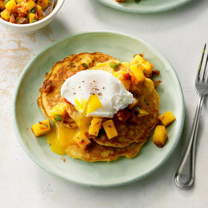 Corn Cakes with Poached Eggs and Mango Salsa