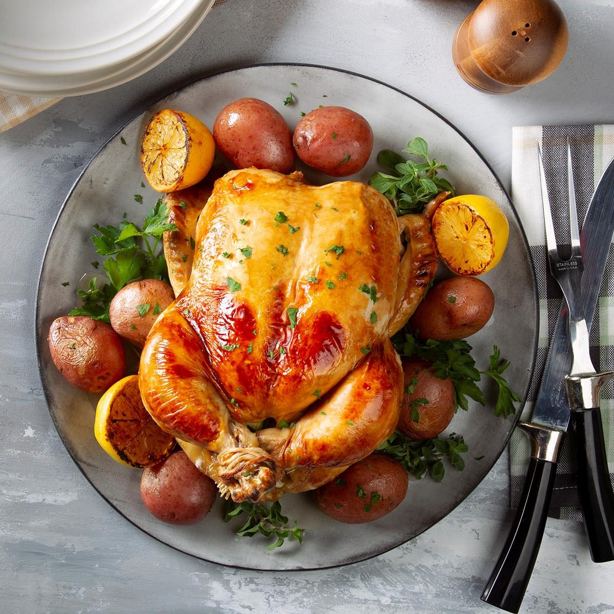 A Whole Roasted Chicken Dinner in a Dutch Oven