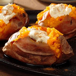 Microwave Sweet Potatoes with Cream Cheese Topping