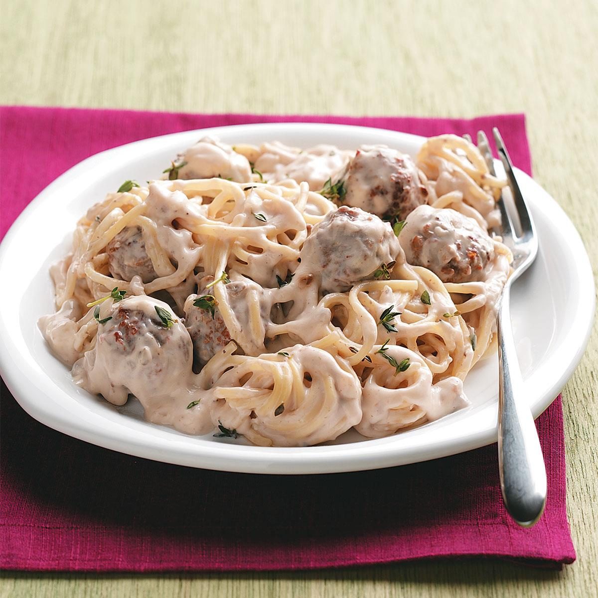 Stroganoff-Style Spaghetti 'n' Meatballs