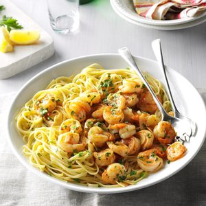 Quick and Easy Garlic Lemon Shrimp with Pasta in a White Bowl
