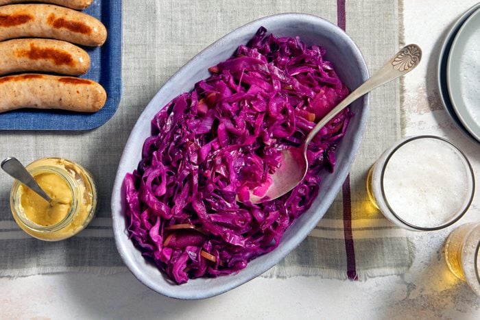 A Bowl of German Red Cabbage with a Spoon.