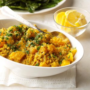 Golden Beet Curry Risotto with Crispy Beet Greens