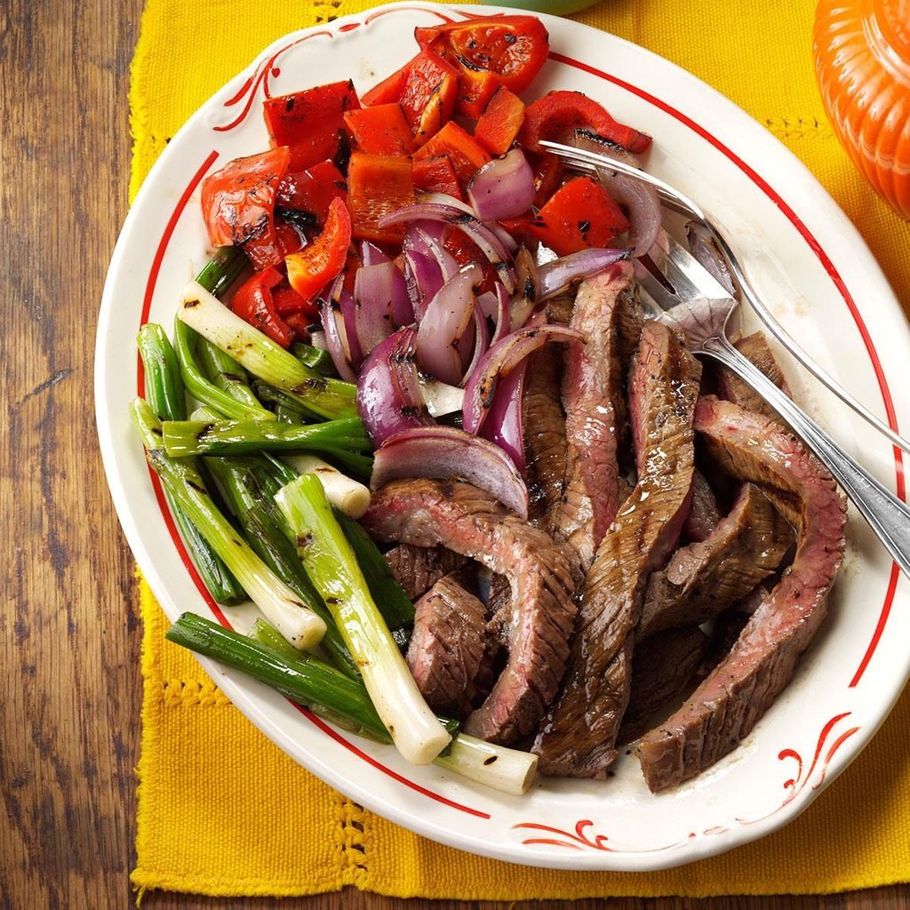 Grilled Skirt Steak with Red Peppers & Onions
