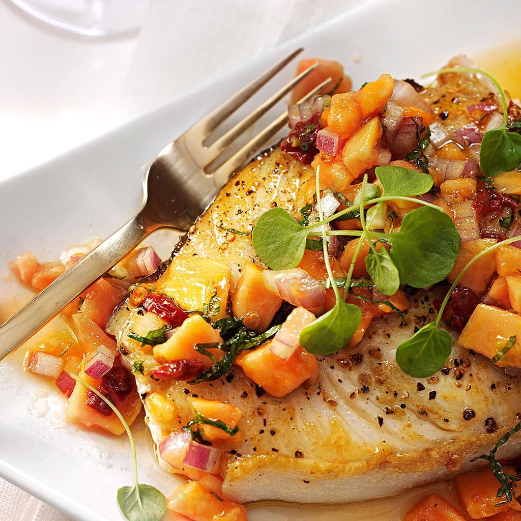 Halibut steaks with papaya mint salsa