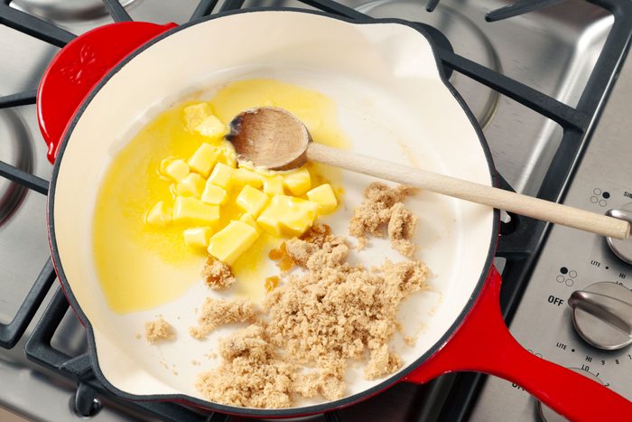 Melt the butter and brown sugar in pan