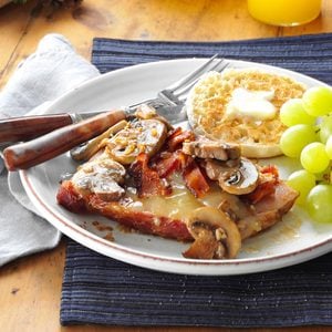 Ham Steaks with Gruyere, Bacon & Mushrooms