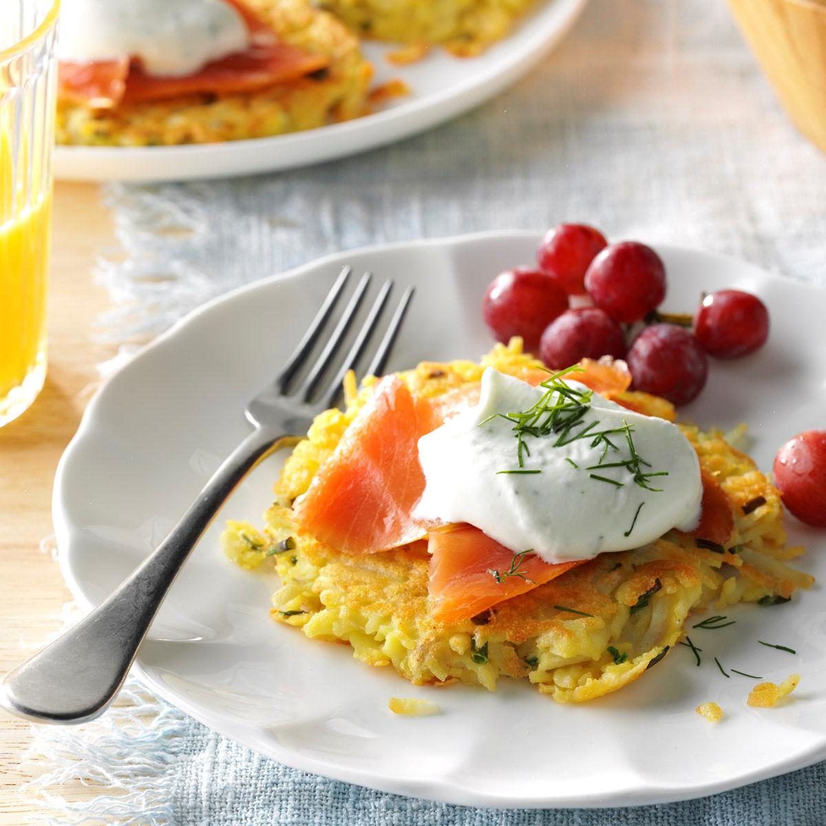 Hash Brown Pancakes with Smoked Salmon & Dill Cream