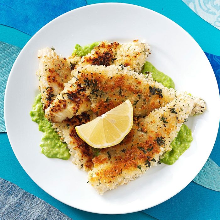 Herb-Crusted Perch Fillets with Pea Puree