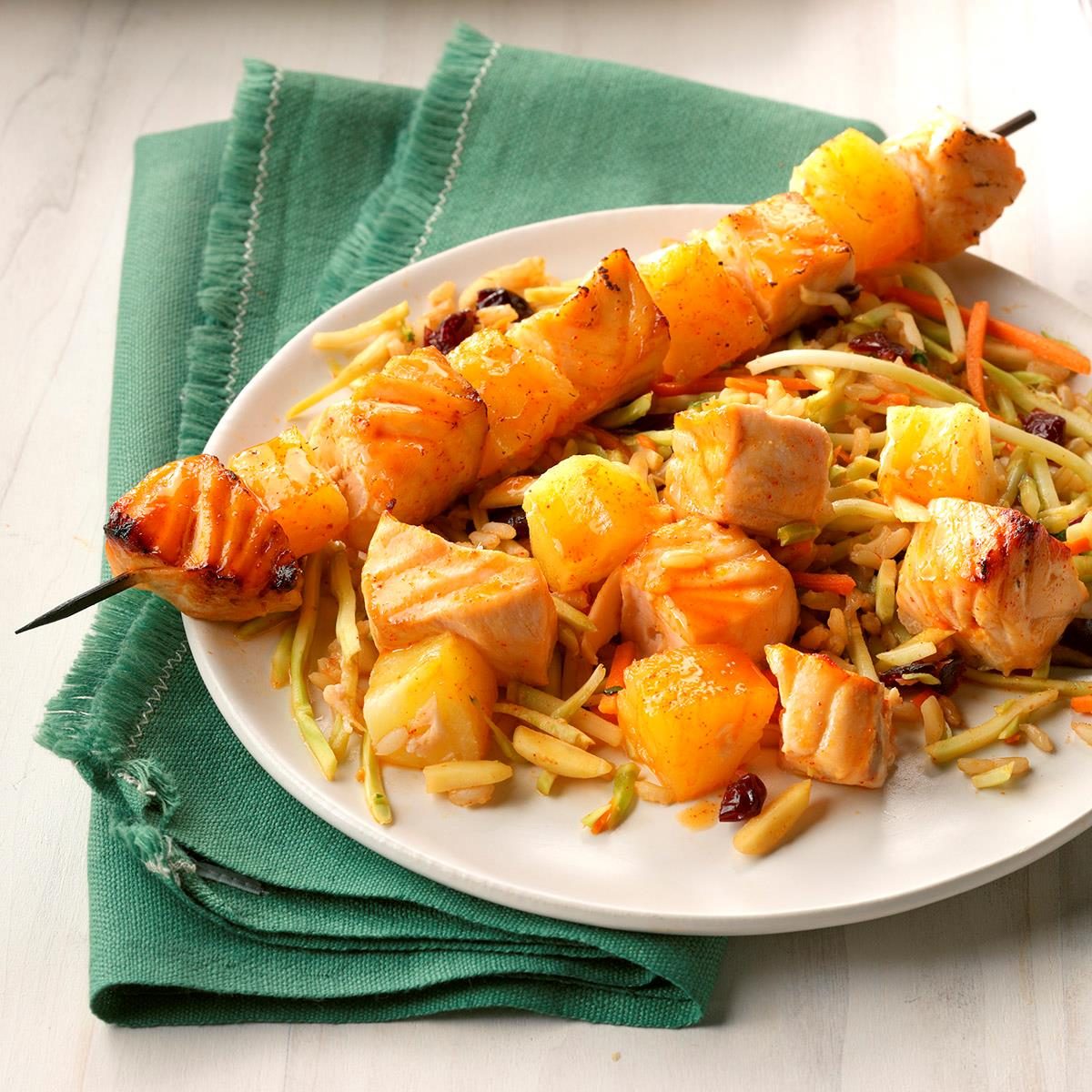 Korean Salmon Skewers with Rice Slaw