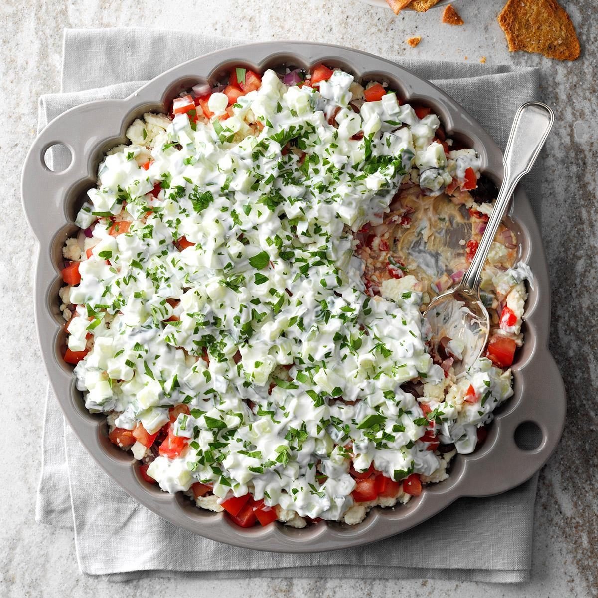 Layered Mediterranean Dip with Pita Chips